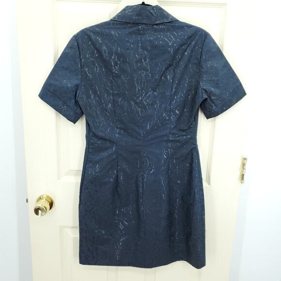 VTG 90s Exte Jeans Coated Woven Collared Mini Dress 28/42/US 6 Navy Blue - Picture 2 of 16